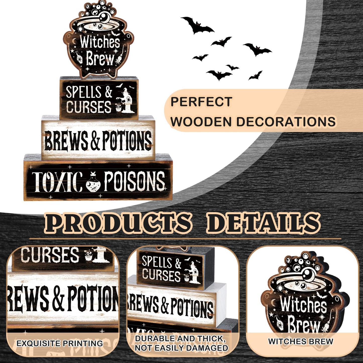 4 Pcs Halloween Table Decor Witches Brew Wooden Sign Halloween Tiered Tray Decor Farmhouse Witches Tabletop Centerpiece Spells Curses Potions Wooden Block Signs for Home Office Kitchen Shelf