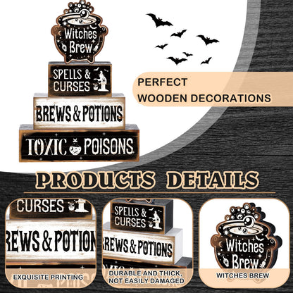 4 Pcs Halloween Table Decor Witches Brew Wooden Sign Halloween Tiered Tray Decor Farmhouse Witches Tabletop Centerpiece Spells Curses Potions Wooden Block Signs for Home Office Kitchen Shelf