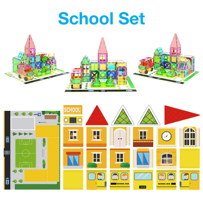 PicassoTiles 3-in-1 Theme Set School Hospital Police Station Magnet Self Adhesive Backing Stick-On Sheet Combo w/Car Magnet Building Block Playset STEM Learning Construction Brain Development Kit