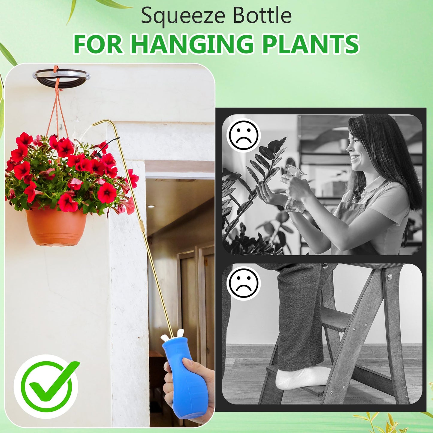 Squeeze Bottle for Hanging Plants, 19" Long Spout Plant Watering Bottle, Easy Squeeze Indoor/Outdoor Watering Can Alternative, Precise Sprinkling for Hanging Baskets, Houseplants(Blue,8 oz,1 Pack)