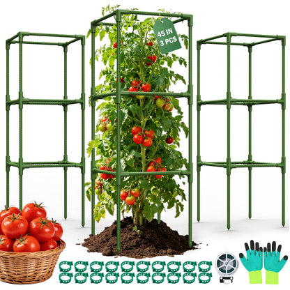 Uyittour 3 Pack Square Tomato Cages for Garden, 45" Heavy Duty Tomato Trellis Plant Support Cages for Raised Garden Bed Climbing Vegetables, Set with Garden Gloves, 20 Clips & 65FT Tie Wire