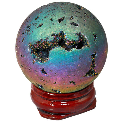 Rockcloud Natural Titanium Coated Druzy Agate Geode Colorful Flame Aura Ball Divination Sphere with Wood Stand