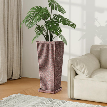 Trygoal 24" Square Tall Planters for Outdoor Plants Set of 2 - Faux Concrete Classic Tapered Indoor Flower Pots with Tray/Drainage Holes/Partition, Large Outdoor Planters for Porch Patio Garden, Brown