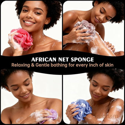 ARCH&M Authentic African Net Sponge with Knots 53", 2 Pack | Exfoliating Bath & Shower Loofah, Daily Use, Extra-Long Back and Body Scrubber, For Women and Men