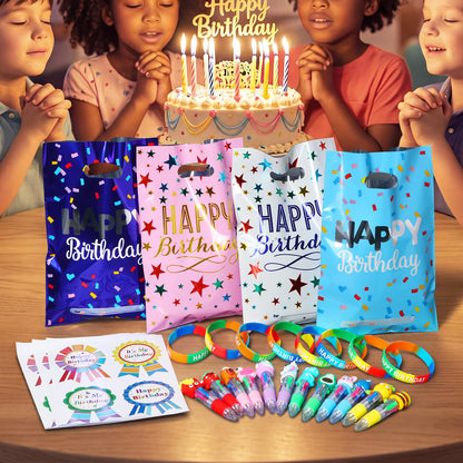 Marspark 48 Pcs Birthday Gifts Party Favors Set Goodie Bag with Multicolor Pen Badge Sticker Silicone Wristband Birthday Gifts Reward from Teacher for Happy Fete Day Party Supplies