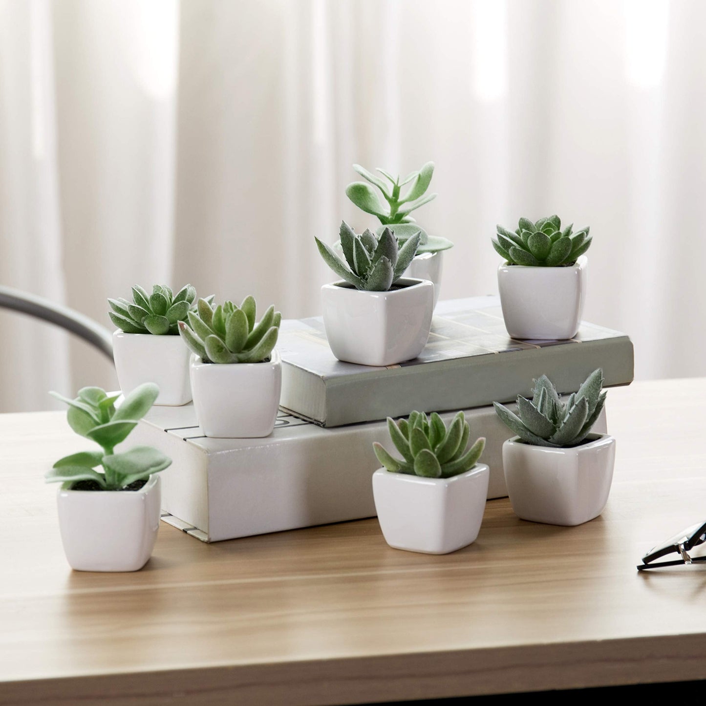MyGift Set of 4 Mini Assorted Green Decorative Artificial Succulent Plants in Square White Glazed Ceramic Planter Pots