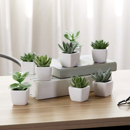 MyGift Set of 4 Mini Assorted Green Decorative Artificial Succulent Plants in Square White Glazed Ceramic Planter Pots