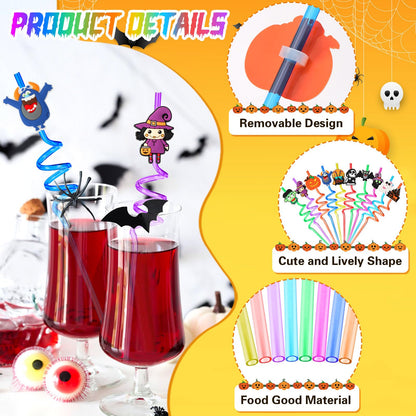 JANYUN Halloween Straws, 20 Pcs Reusable Plastic Crazy Straws Halloween Party Favors Cute Bats Pumpkin Cat Ghost Drinking Straws Halloween Party Supplies（10 Styles）