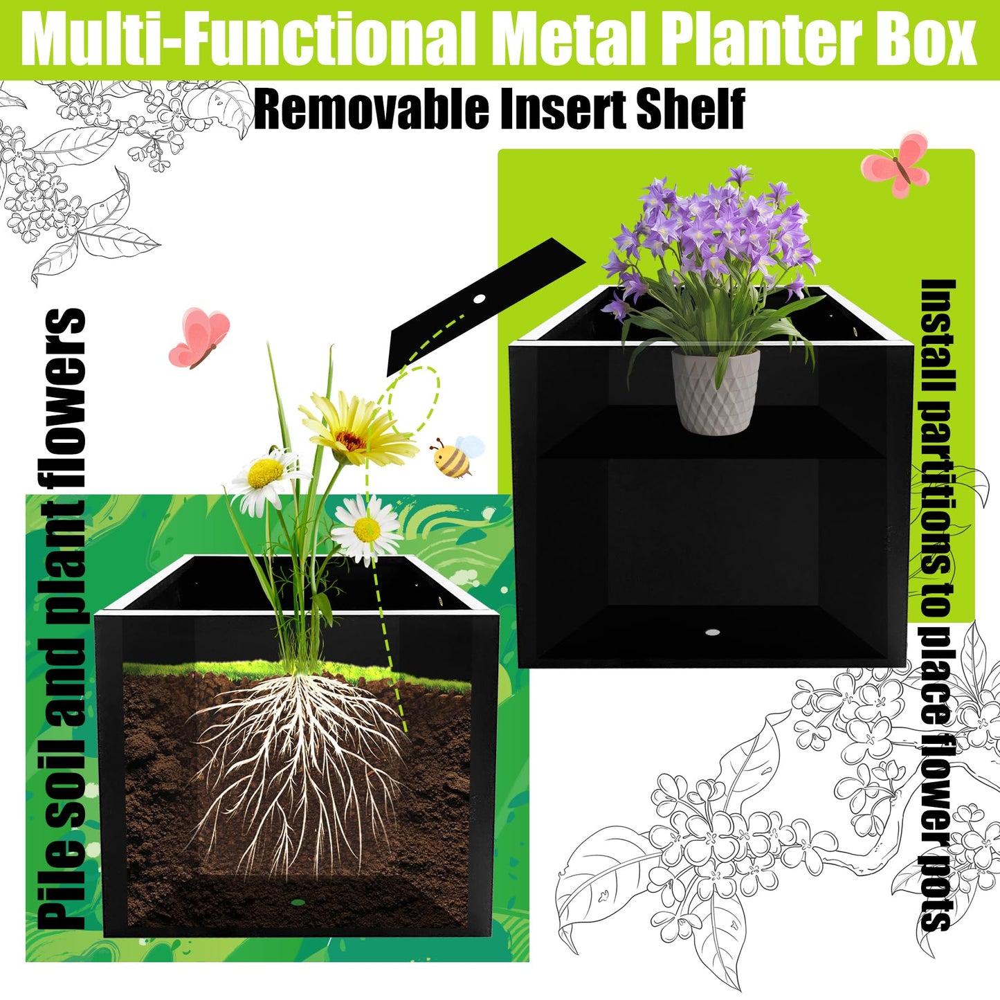 Fsehyue Metal Planter Box 16" x 16" x 16" Large Square Planter Heavy Duty Galvanized Steel Tall Plant Boxes with Insert Shelf and Drainage Holes for Outdoor Patio Yard Garden Porch Terrace