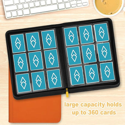360 Cards Ringless 9-Pocket Side Loading Trading Card Binder, PU Zipper Fixed Page Card Album for TCG Sports Cards, Not Fit Top Loaders (Orange)
