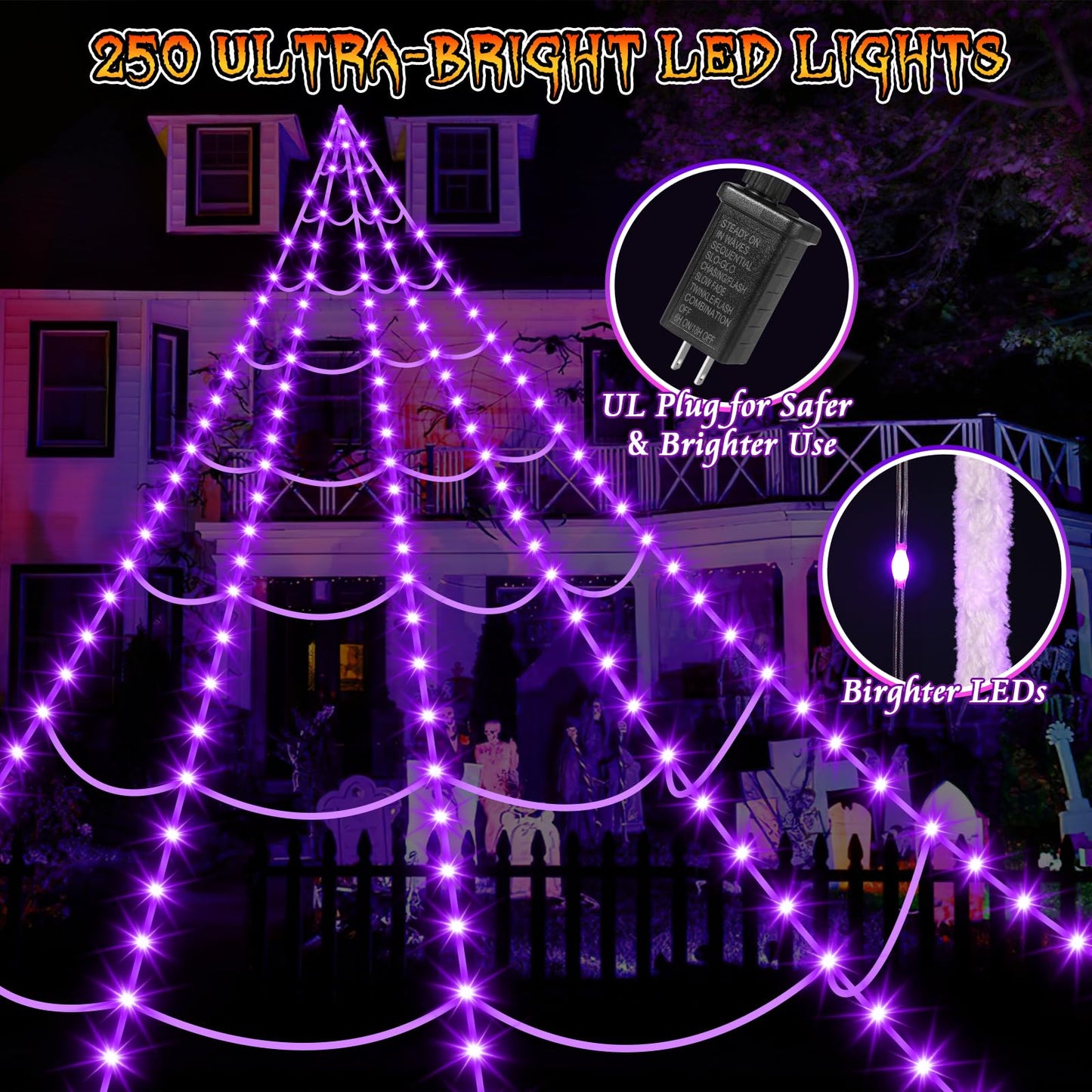 Halloween Spider Web Lights 250 LED: 19.68Ft Outdoor Web Halloween Decorations with Purple Lights - Halloweens Decor Light with 8 Modes Waterproof & Timer for Outdoor Indoor Yard Haunted House