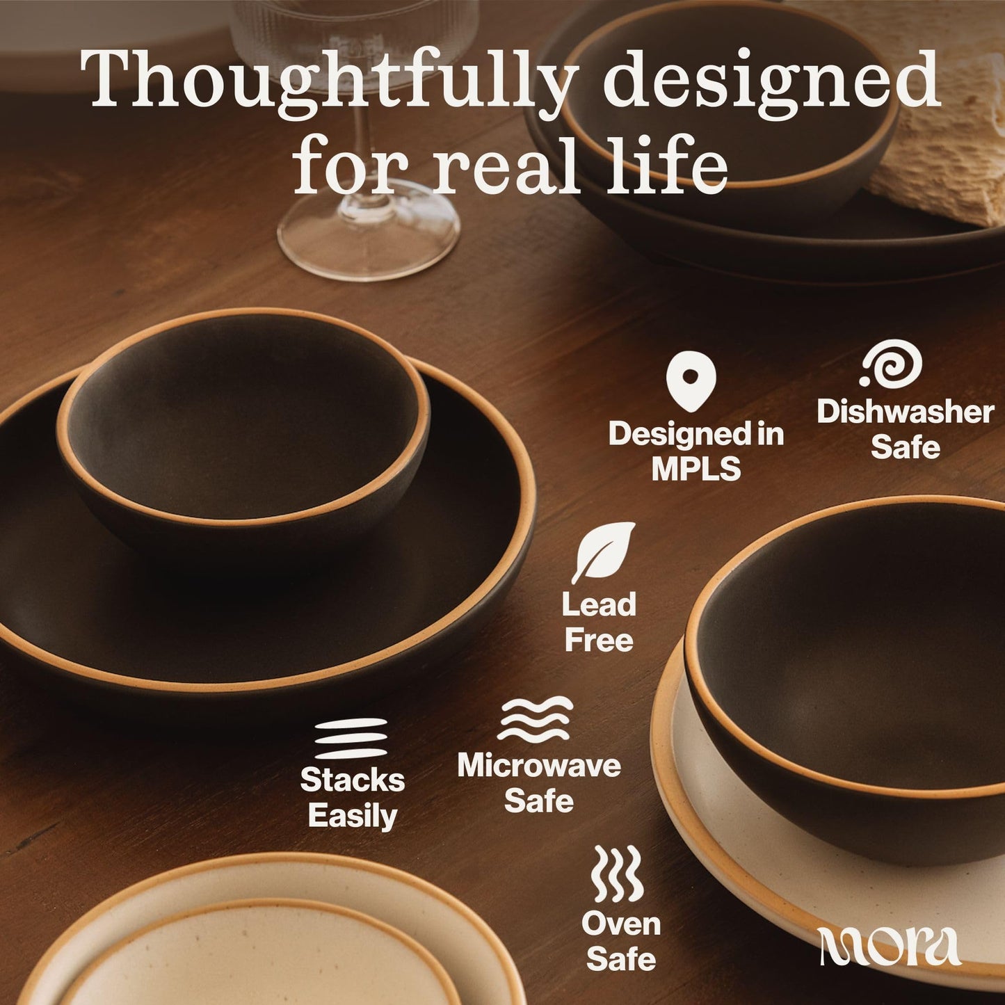 MORA Small Bowls Set of 4, 16oz Ceramic Pottery Dessert Bowls - Microwave, Oven and Dishwasher Safe - Liquorice