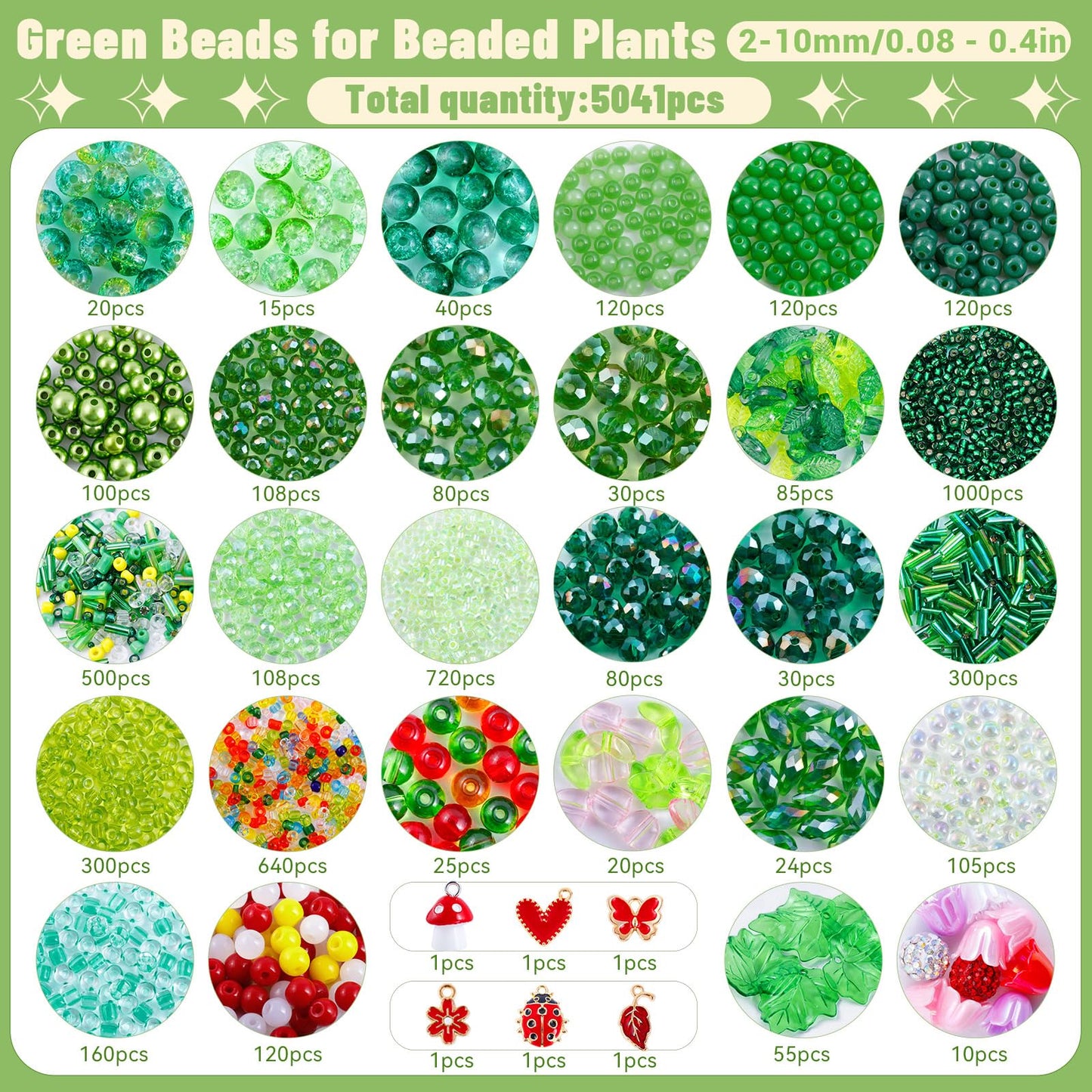 5057 Pcs Beaded Plant Kit Forever Plant Kit for Mirror Disco Ball Planter Making,Green Beads for Beaded Plants with Hanging Chain,Green Glass Leaf Beads Forever Plant Beads for Plant Making DIY Craft