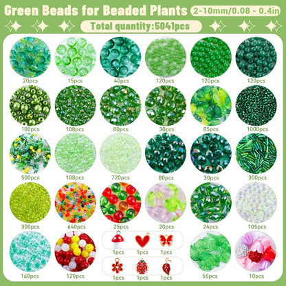 5057 Pcs Beaded Plant Kit Forever Plant Kit for Mirror Disco Ball Planter Making,Green Beads for Beaded Plants with Hanging Chain,Green Glass Leaf Beads Forever Plant Beads for Plant Making DIY Craft