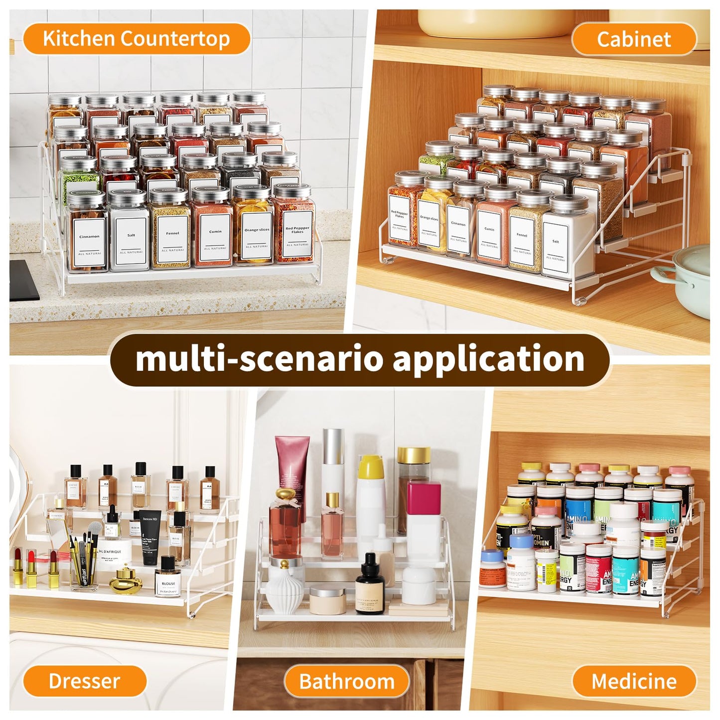 BOIVSHI Tiered Spice Rack, 4 Tier Spice Shelf Organizer for Cabinet, Spice Rack Organizer, Depth Adjustable Seasoning Rack Organizer for Cabinet, Countertop, Pantry, Metal, White (1 Pack)