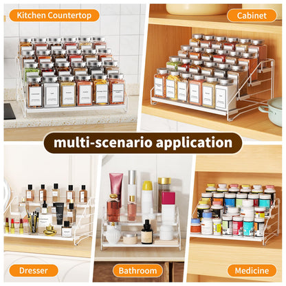 BOIVSHI Tiered Spice Rack, 4 Tier Spice Shelf Organizer for Cabinet, Spice Rack Organizer, Depth Adjustable Seasoning Rack Organizer for Cabinet, Countertop, Pantry, Metal, White (1 Pack)