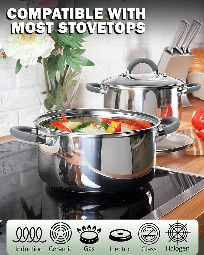 Cook N Home Basics 16 Quart Stainless Steel Stock Pot with Lid, Cooking Pot for Pasta, Soup, Stay-Cool Silicone Handle, Stockpot with Even Heating, Oven Safe, Cookware for Canning, Boiling, Simmer