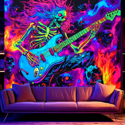 BSFHH Black Light Tapestry – UV Reactive Glow in the Dark Wall Hanging, Spooky Night Scene with Ghosts & Pumpkins, Haunting Home Decor for Parties, Bedroom, or Dorm (Guitar, 79L x 59W, Unframed)