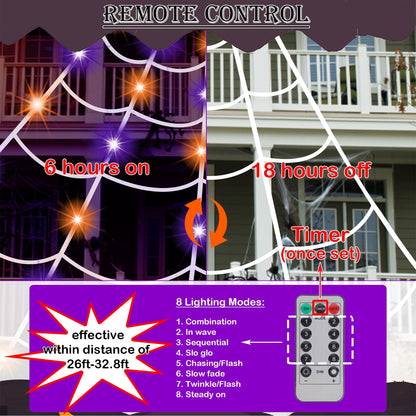 Joliyoou Halloween Decorations Outdoor, 200 LED Giant Spider Web Lights, 19.7ft x 16.4ft Spiderweb with Orange and Purple Lights, 8 Modes Remote Controlled Cobweb for Spooky Party Decor