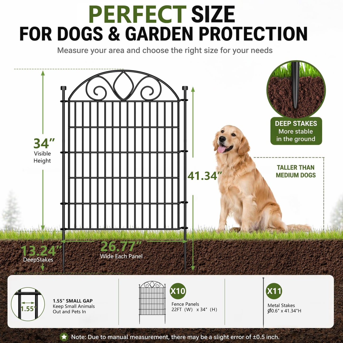 10-Panel No-Dig Tall Garden Fence – 34″H x 22′L Rustproof Metal Dog Fence, Decorative Yard & Garden Animal Barrier, Easy Install Outdoor Pet & Flower Bed Border, Temporary Fence