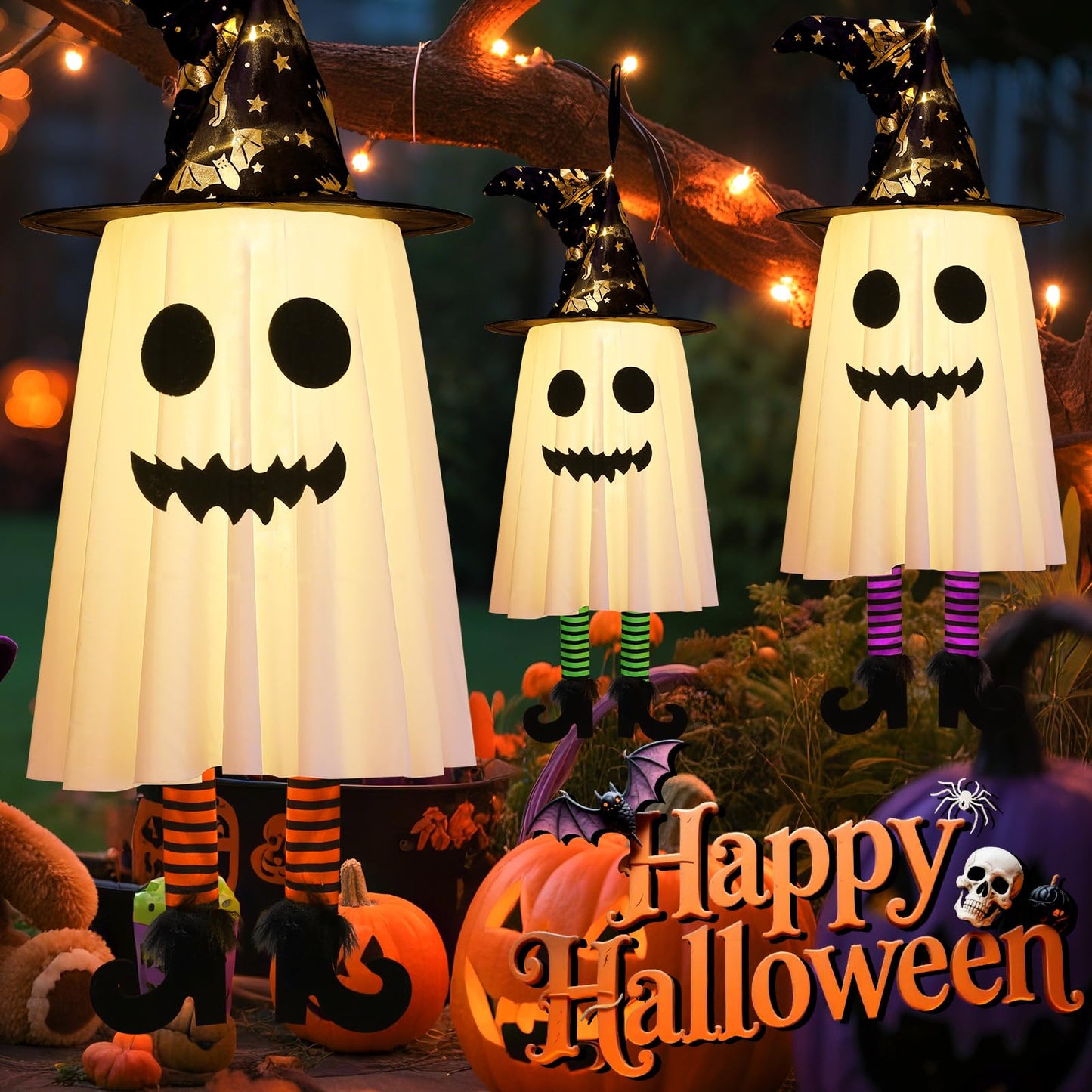 3 Packs Halloween Decorations Outdoor, Hanging Ghosts String Lights Halloween Decor, Spooky Cute Glowing Ghost Witch Hat Lights 3 Modes for Patio Yard Front Porch Tree House Party(18 Batteries)