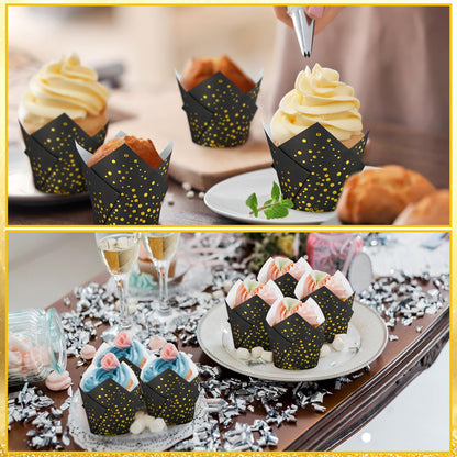 Gerrii 200 Pcs Black Gold Dot Tulip Cupcake Liners Graduation Mini Paper Baking Cups Cupcake Wrappers Muffin Liners for Wedding Tea Party Bridal Baby Shower Decoration