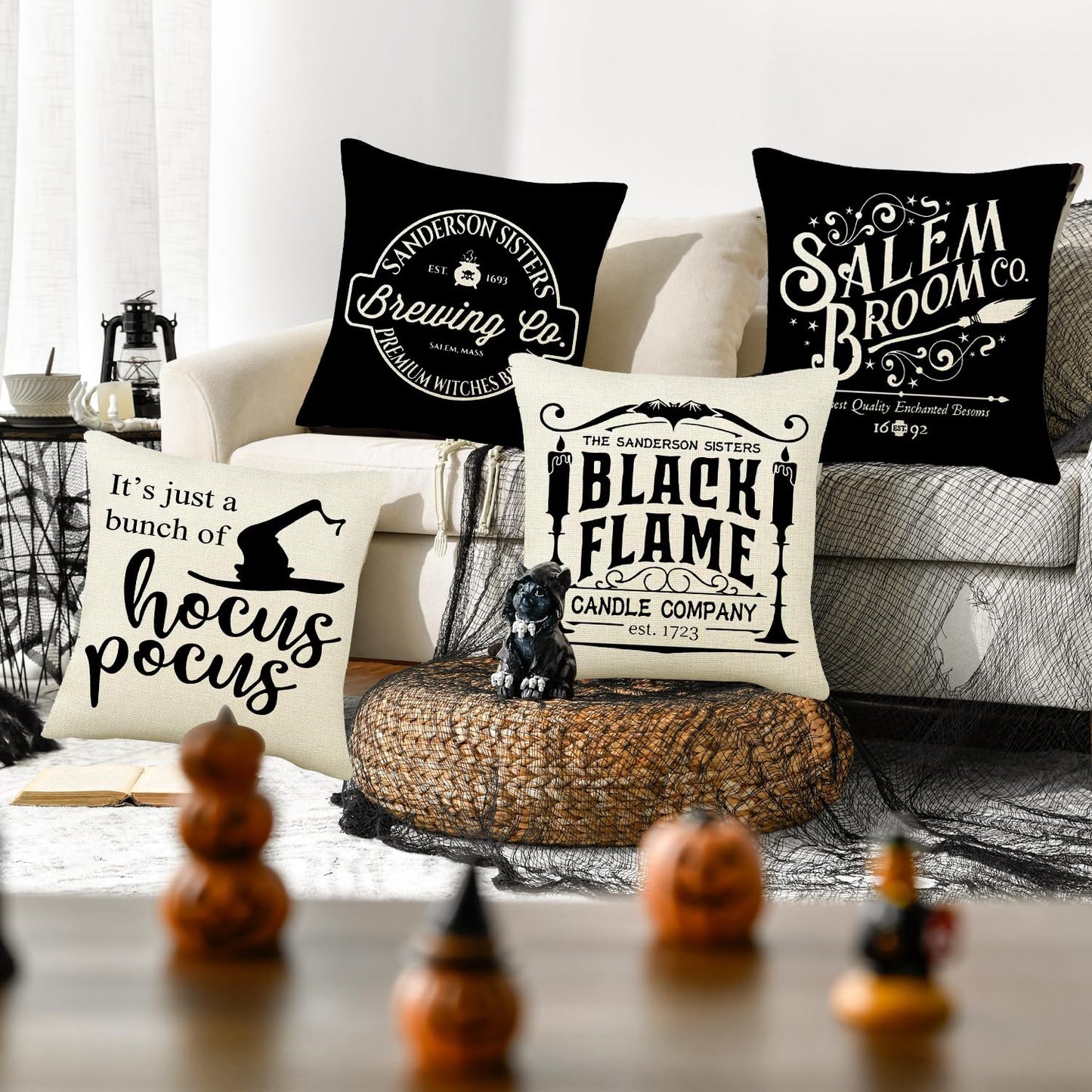 LEIOH Halloween Decorations Pillow Covers 18x18 Set of 4 Halloween Decor Hocus Pocus Farmhouse Saying Fall Decor Pillows for Home Sofa Couch