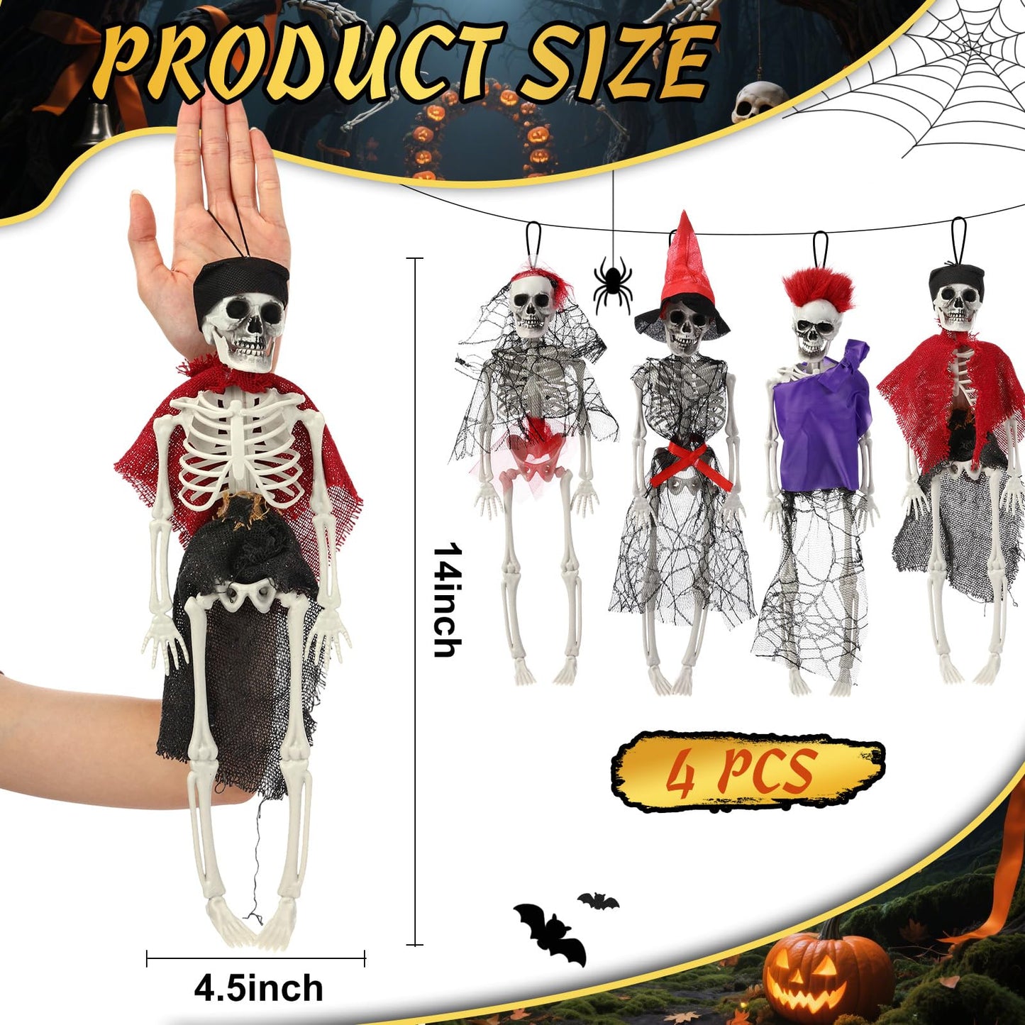 Poen 4 Pack 16" Halloween Hanging Skeleton Decorations Small Full Body Posable Skeletons with Movable Joints Plastic Mini Spooky Decor for Halloween Party Haunted House Lawn Graveyard Props(Pirate)