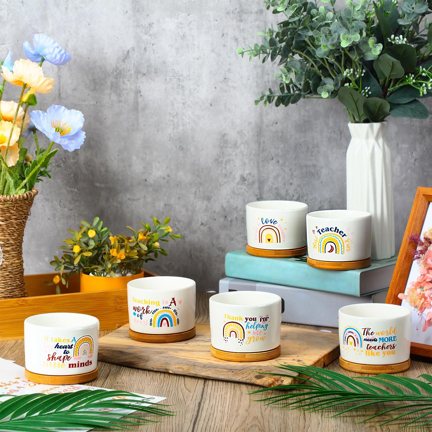 Junkin 12 Pcs Thank You Teacher Appreciation Gift Ceramic Plant Succulent Pots with Bamboo Tray Christian Bible Verse Gift Set Card for Employee(Plant Not Included)(Classic)