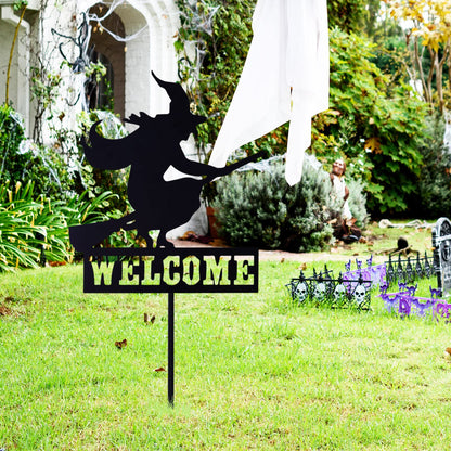 Whaline Halloween Welcome Sign with Stake Spooky Witch on Broom Door Hanger Sign Black Witches Silhouette Garden Stakes for Halloween Home Outdoor Garden Outside Yard Lawn Patio Decor