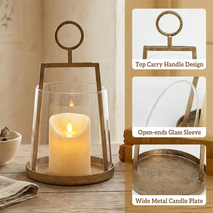 Modern Farmhouse Hurricane Candle Holder, Antique Brass Metal Centerpiece with Sturdy Glass Sleeve, Tabletop Geometric Lantern for Pillar Candles, Plants & Home Decor (6" x 10")