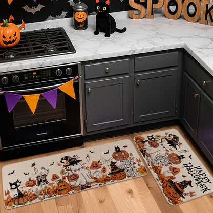 Moutina Happy Halloween Ghost Mushroom Pumpkin Skeleton Decorative Kitchen Rugs Set of 2, Halloween Holiday Party Home Decor Low-Profile Kitchen Mats for Floor - 17x29 and 17x47 Inch