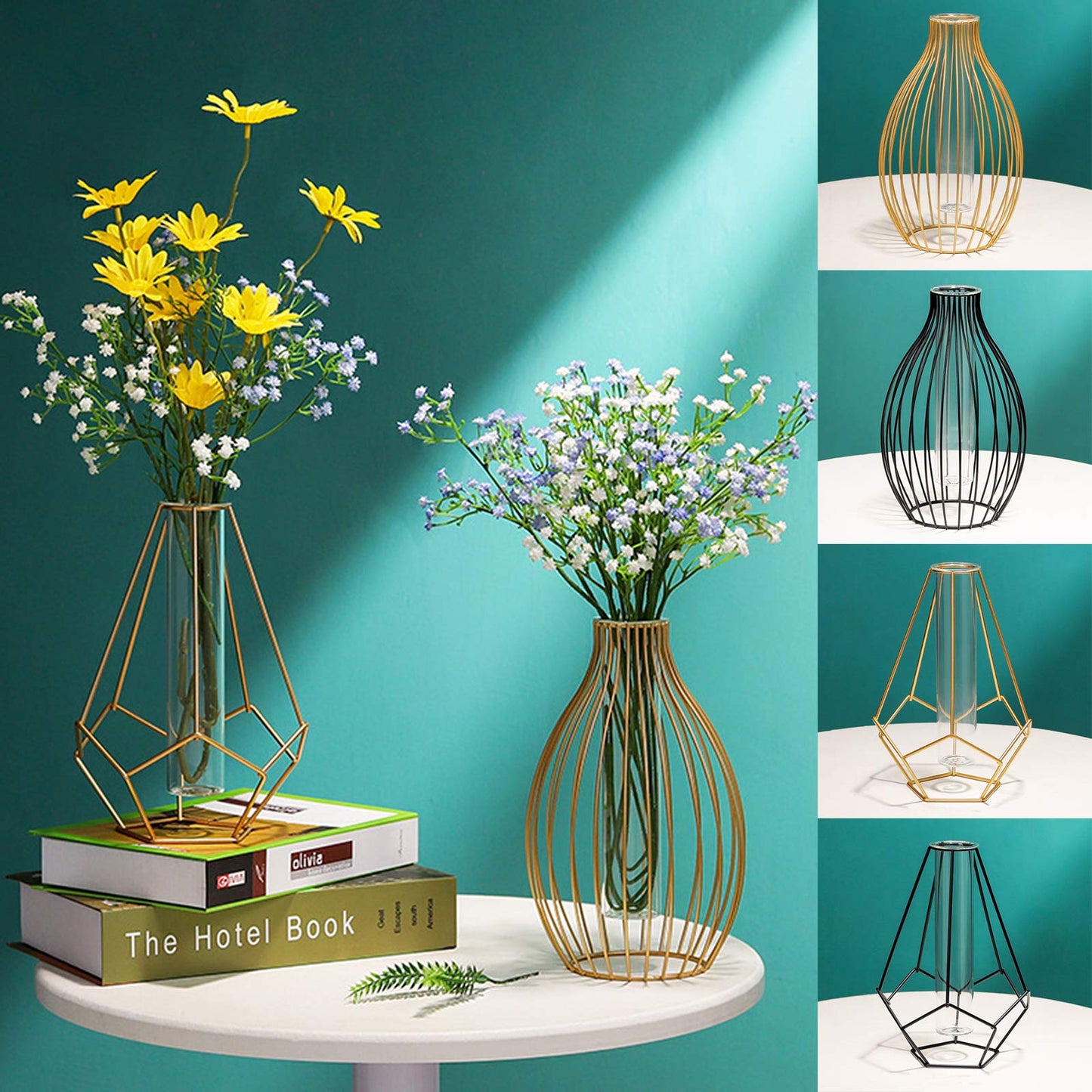 Metal Frame Vase Geometric Glass Flower Vase, Lantern Shape Glass Test Tube Vase, Modern Creative Clear Tube Glass Planter Terrariums with Geometric Metal Stand for Decor Office Home (Black B)