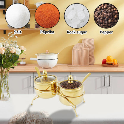 Luxury Gold Sugar Bowl Set with Spoons, 3-Piece Retro 304 Stainless Steel Seasoning Box for Coffee Bar Decor, Elegant Condiment Pots with Clear Glass Lid & Serving Tray for Salt, Candy, Cube Sugar