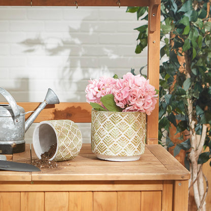 Zingz & Thingz Distressed/Weathered Indoor & Outdoor Secret Garden Cement Planter Flower Pots, Set of 2, 6.75x6.75x6.25, Abstract Gold & White Leaf