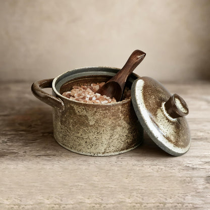 seicasaya Handcrafted Speckled Ceramic Salt Cellar with Wooden Spoon, Rustic Vintage Spice Jar, Dishwasher Safe, 8.45 fl oz (Peckled Ceramic)