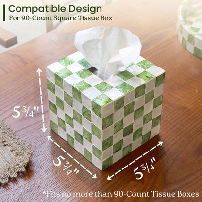 CHI AN HOME 5.7" Square Tissue Box Cover, Handmade Checkered Cube Tissue Box Cover with Capiz Shells, Decorative Tissue Holder for Living Room, Bathroom, Bedroom or Office (Pistachio Green)