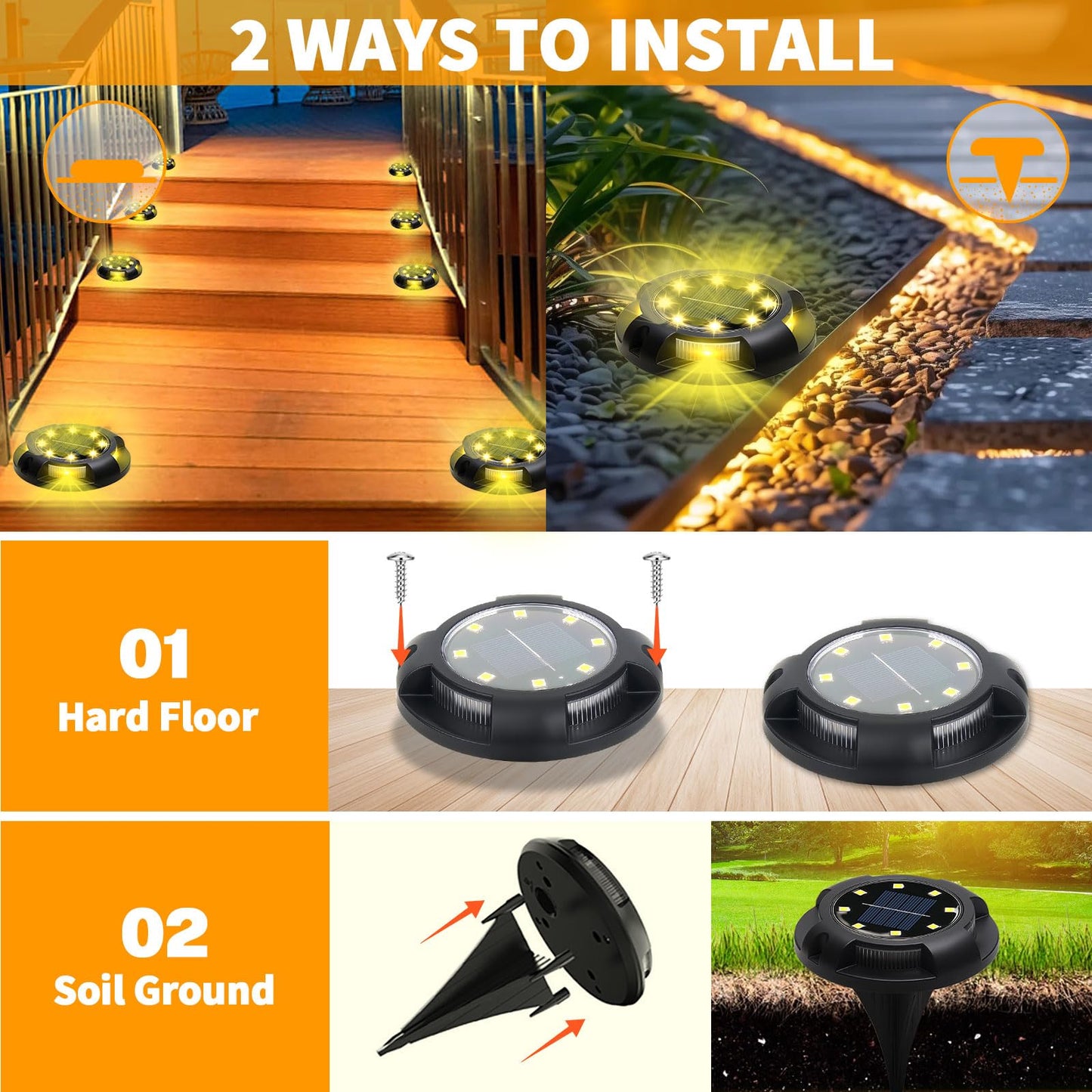 ANKUNABA Solar Ground Lights, 8 Pack 12 LED Solar Disk Lights Outdoor Waterproof In-Ground Landscape Lighting for Garden Pathway Yard Lawn Patio Deck Driveway Walkway Outside Decor (Warm White)