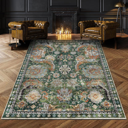 RUGSURE Washable Area Rugs - Perfect for Living Room, Bedroom, Kids Room, Nursery - Stain & Water Resistant Non-Slip, Pet & Child Friendly, Vintage Tribal Area Rugs (Green, 4' x 6')
