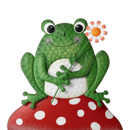 Glitzhome Mushroom and Frog Garden Yard Stake, 30 ”H Metal Stacked Yard Patio Charming Stake Powder-Coated Vibrant Finish Lifelike 2-in-1 Design Ornament Detachable Lawn Wall and Floor Decoration