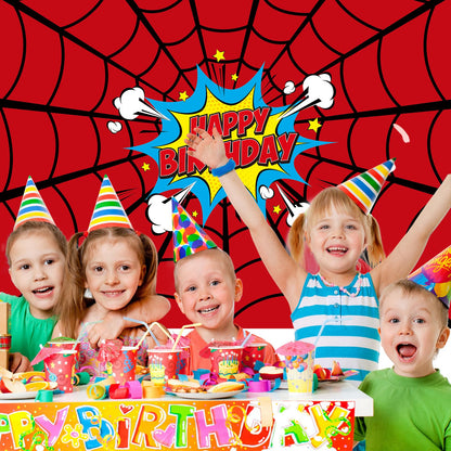 Boao 5 x 4 ft Spider Web Happy Birthday Banner Backdrop Large Heros Themed Party Background Photo Booth Props for Boys Birthday Party Baby Shower Photography Decorations Supplies