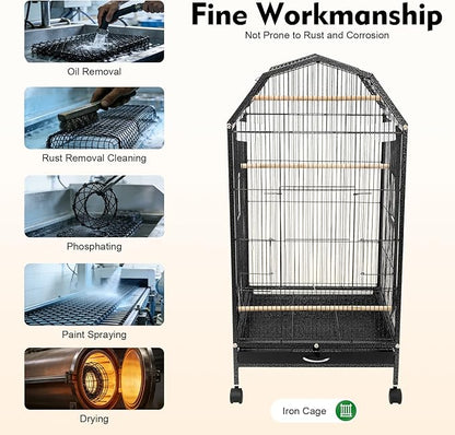39.9'' Iron Parakeet Bird Cage, Pet Bird Flight Cages with Rolling Stand for Conures Lovebirds Cockatiels Finches Parrot Pet House, Small to Medium Birds