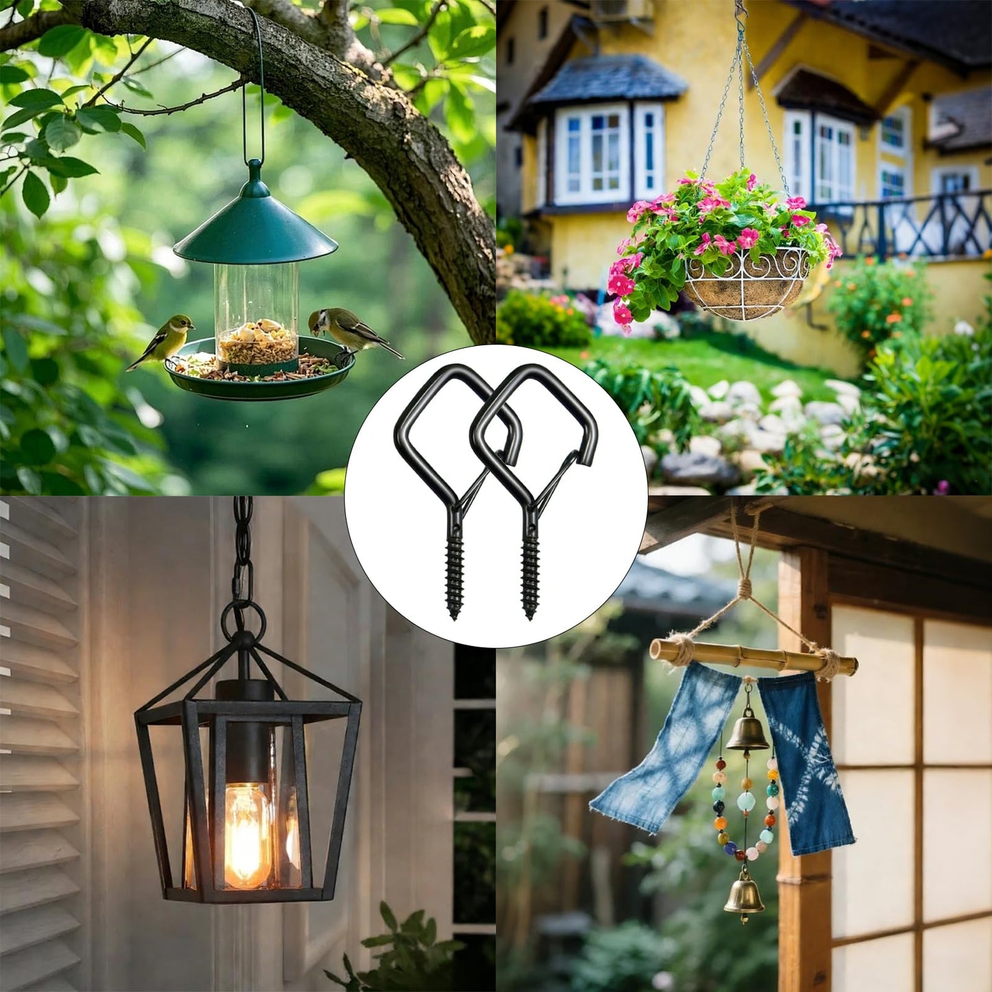 Heavy Duty Screw In Hooks with Safety Buckle, 2.2 IN Black Ceiling Hooks for Hanging Plants & Outdoor String Lights, Windproof Eye Hooks for Christmas Lights, Cups, Bird Feeders (Black, 34Pcs)