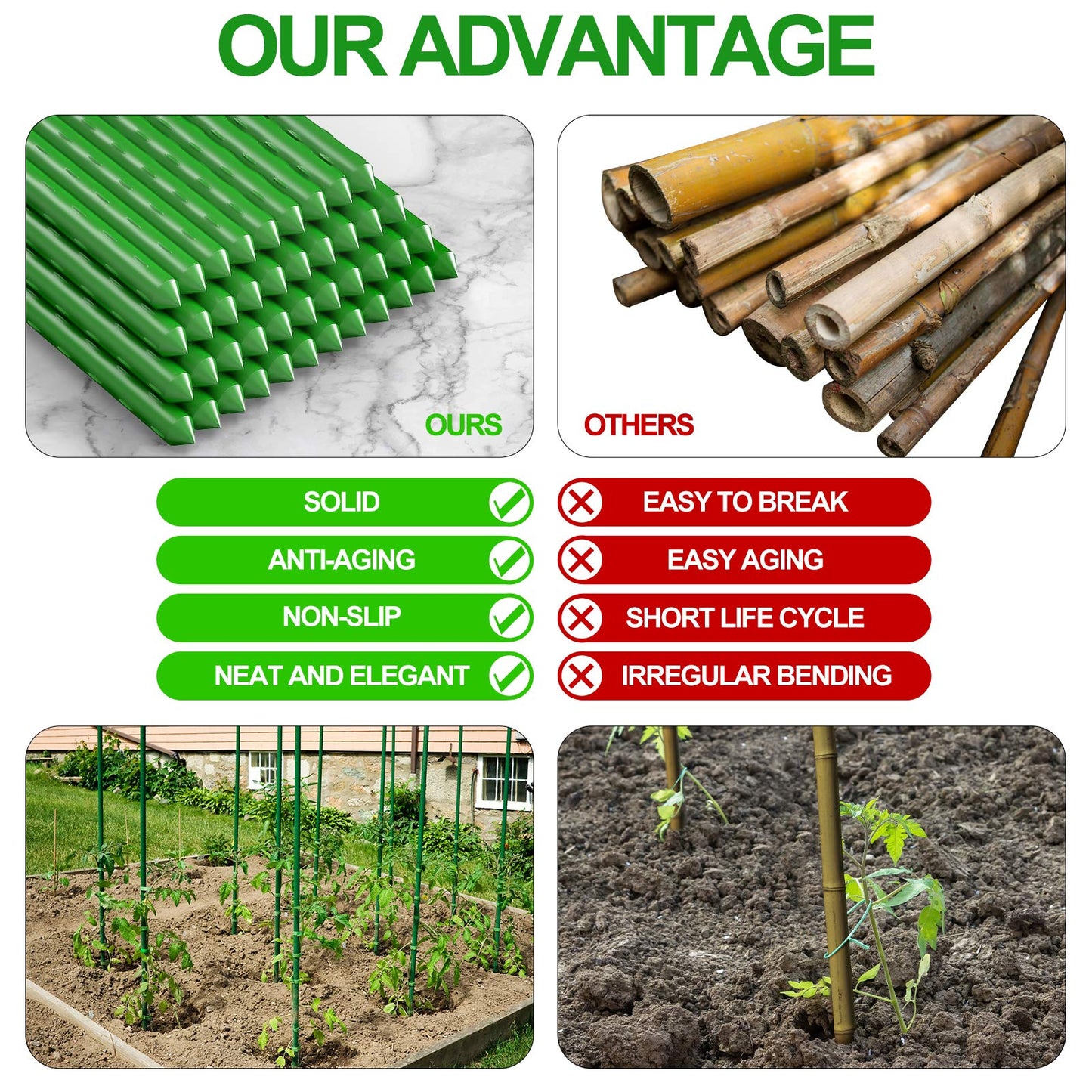 WAENLIR Garden Stakes 60 inch 5ft Sturdy Tomato Stakes, Plant Stakes for Outdoor Plants, Metal Plant Support Sticks for Gardening, Pack of 50