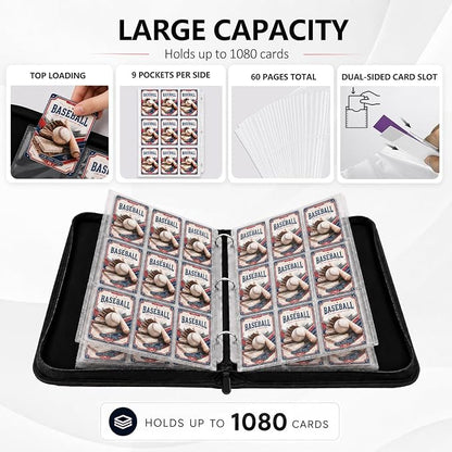 Baseball Card Binder,9 Pocket Trading Card Zip Binder, 1080 Pockets Holder Sheets Display Storage Protectors,Baseball