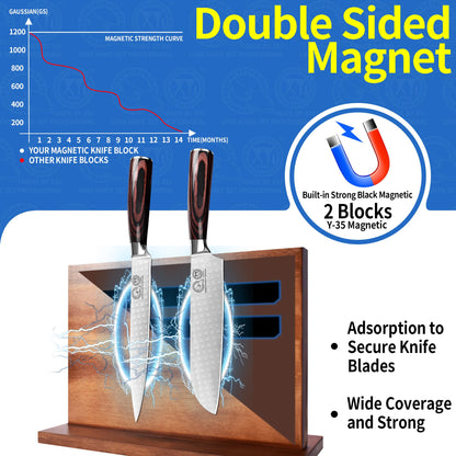 XYJ Authentic Since 1986, Magnetic Knife Block, Double Side Kitchen Knife Stand, Acacia Wood, Magnetic Knife Holder with Strong Enhanced Magnets,Knives Storage Rack Stand for Home Kitchen