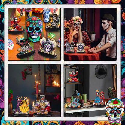 Wesiti 12 Pcs Day of The Dead Table Decorations Wooden Mexican Dia De Los Muertos Altar Centerpiece Halloween Sugar Skull Table Topper Decor Skeleton for Mexican Fiesta Tiered Tray Decor Party Favor