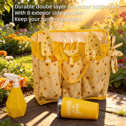 Garden Tool Set with Sunflower Print, Heavy Duty Gardening Hand Tools with Garden Tool Bag,Gardening Gifts for Women&Men,Yellow