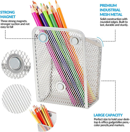 LUCYCAZ Magnetic Pen Holder - Single Magnetic Pencil Locker Holder Organizer, Silver Mesh Marker Holder Pen Basket for Whiteboard, Refrigerator and Locker