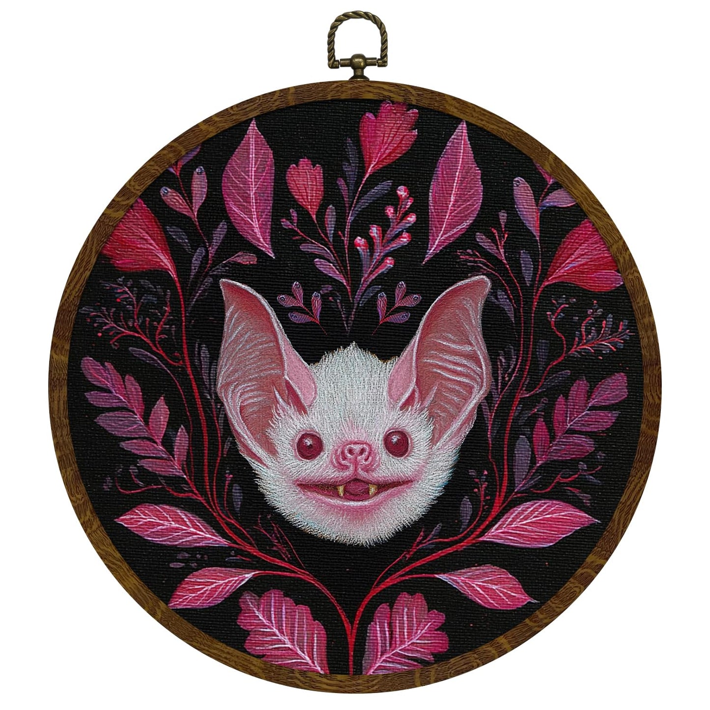 KLYTINK Pink Bat Round Wall Art Decor,10x10 Inch Gothic Whimsical Canvas Print with Round Frame, Cute Bat Artwork Wall Hanging Decor for Bedroom, Living Room, or Halloween Home(Pink Bat)
